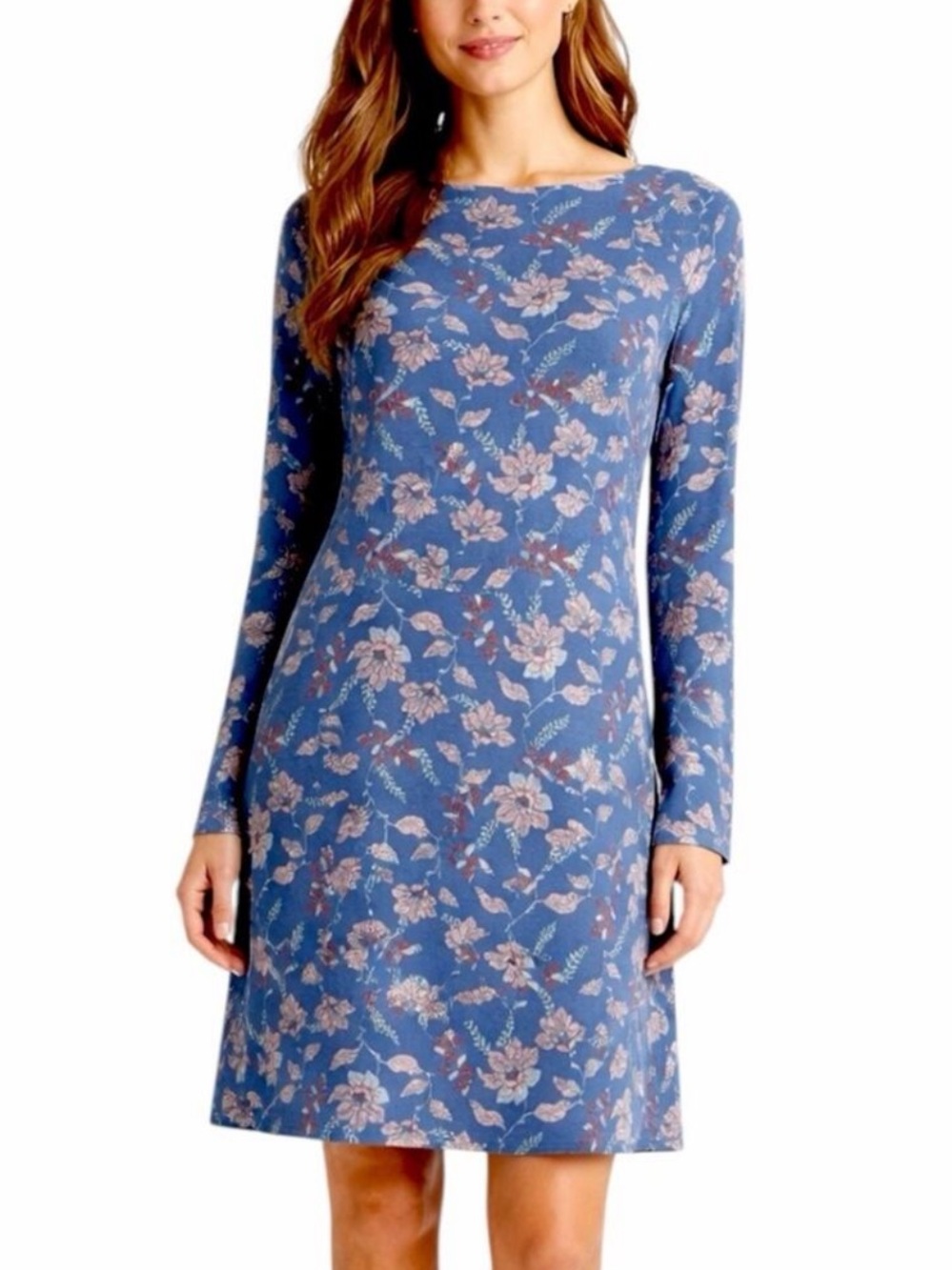 J. Jill Blue Floral Long Sleeve Jersey Knit Dress Cottagecore Size Medium